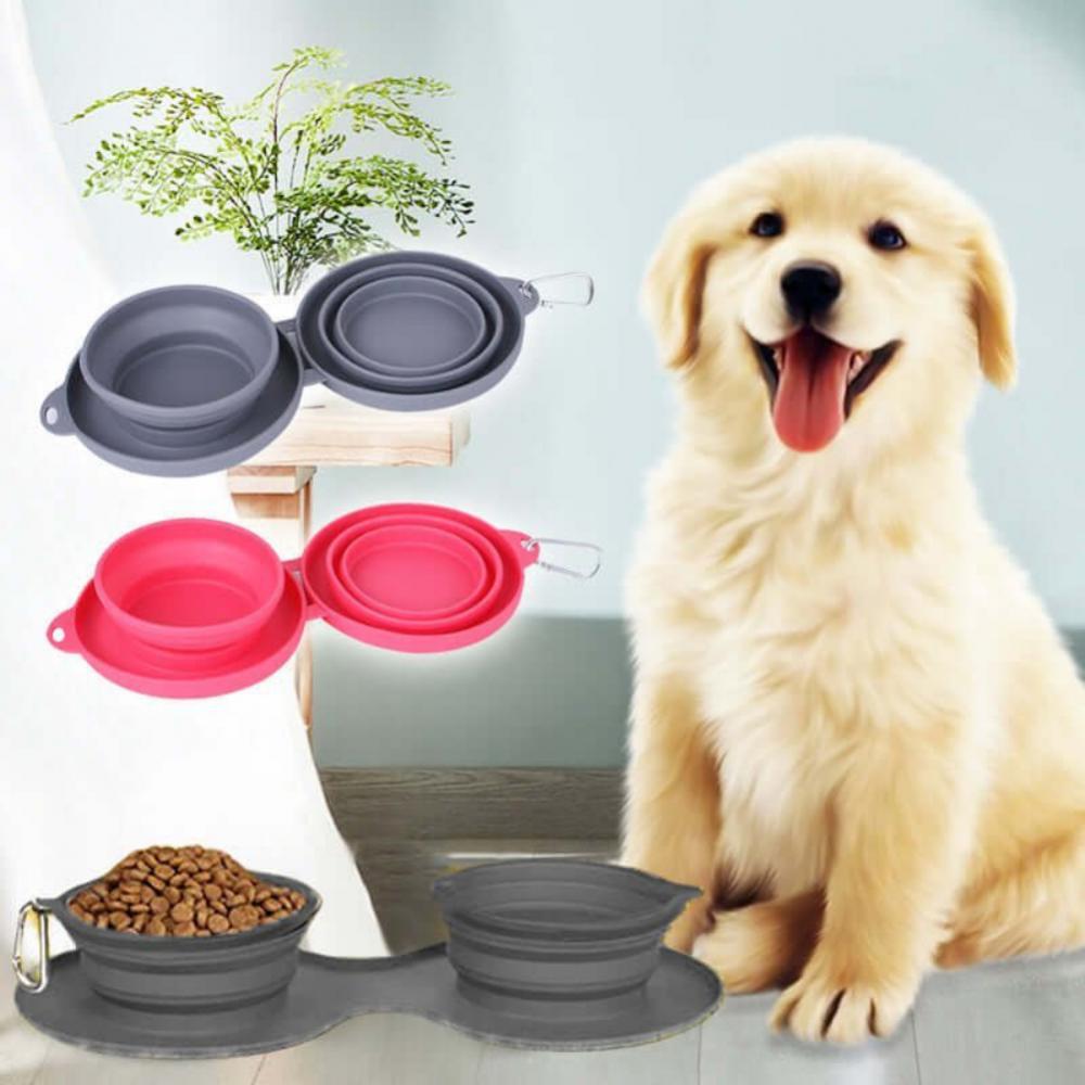 Rubber Foldable Double Bowl Pet Feeding Outdoor Travel Dog