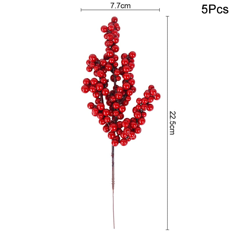 5Pcs Christmas Red Berry Articifial Flower Pine Cone Branch