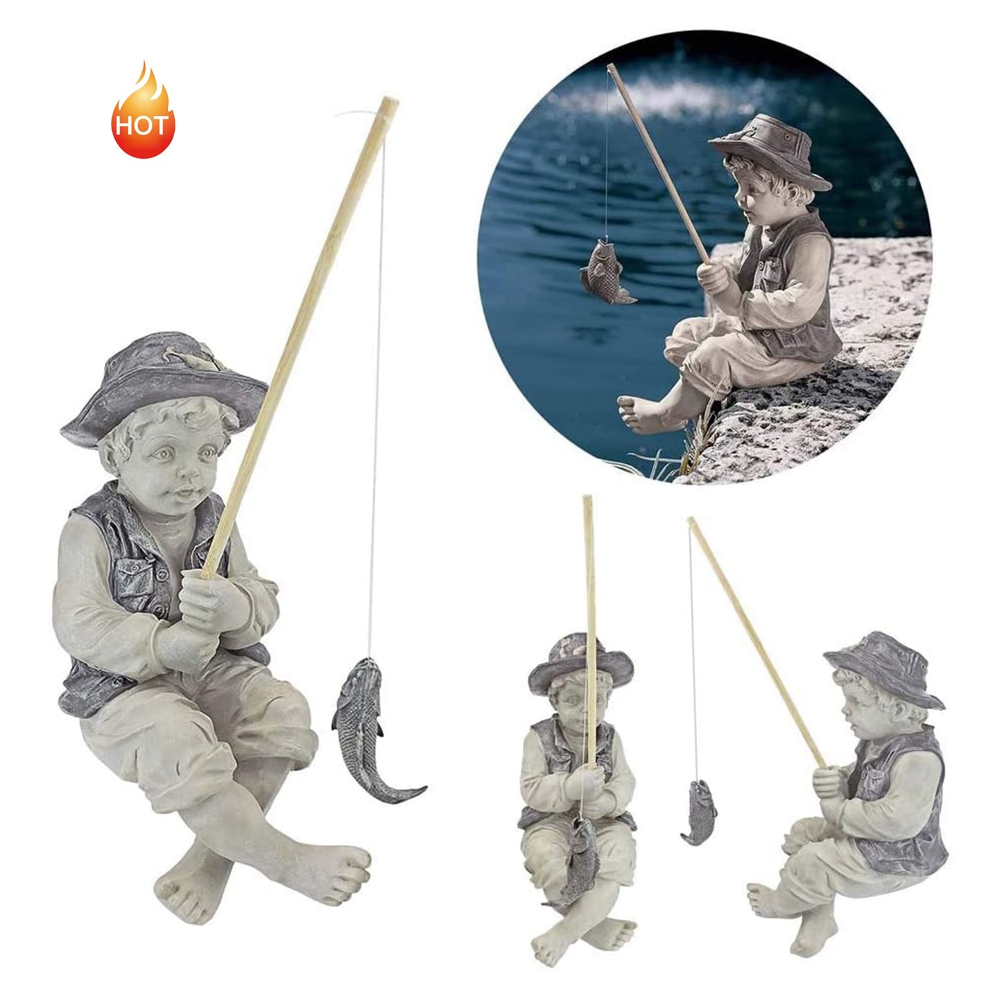 Garden Statue Gone Fishing Boy Yard Ornaments