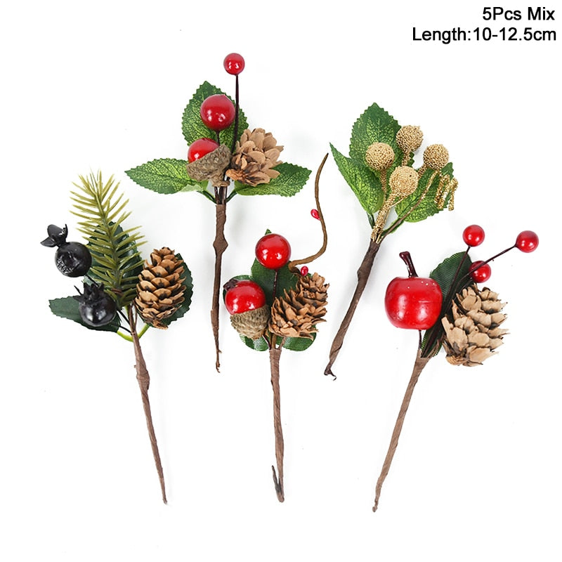 5Pcs Christmas Red Berry Articifial Flower Pine Cone Branch