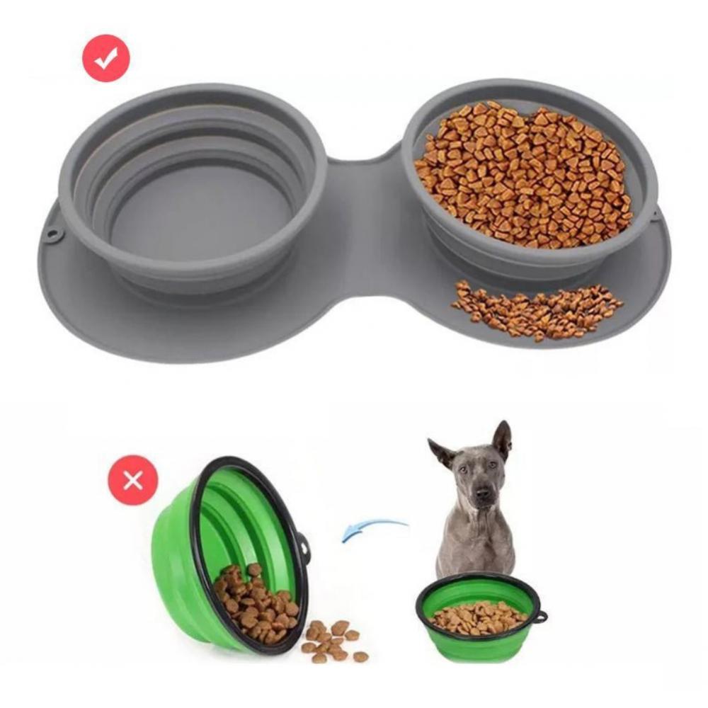 Rubber Foldable Double Bowl Pet Feeding Outdoor Travel Dog