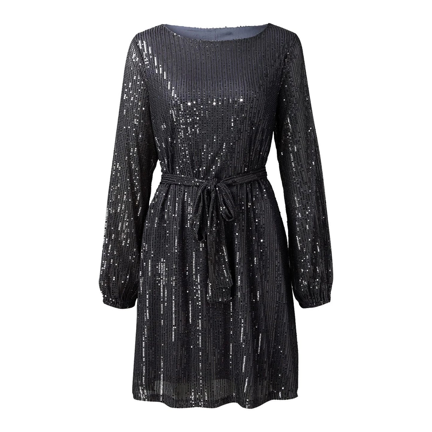 Women Sexy Glitter Dress Lace-up Sequins Ladies Short Dress Long Sleeve with Belt Sparkly Elegant Fashion Female Vestidos 2023