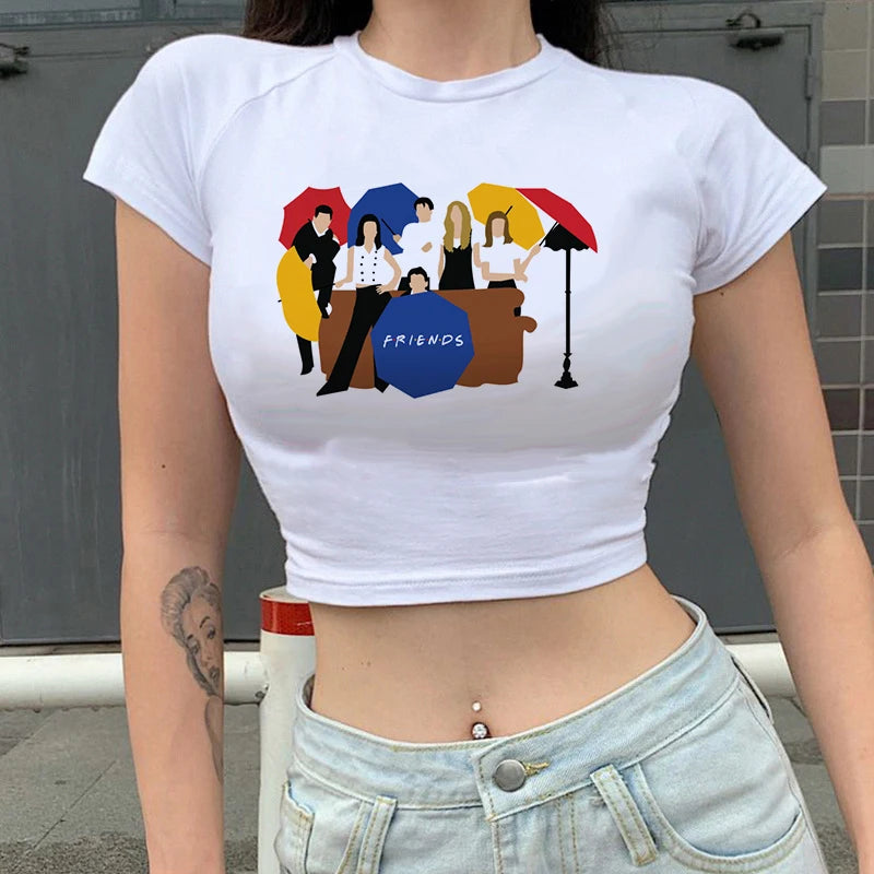 hubery-m Friends Tv Show T Shirt Women Graphic Best Friends Funny Cartoon T-shirt Korean Style Tshirt Vintage Crop Top Female