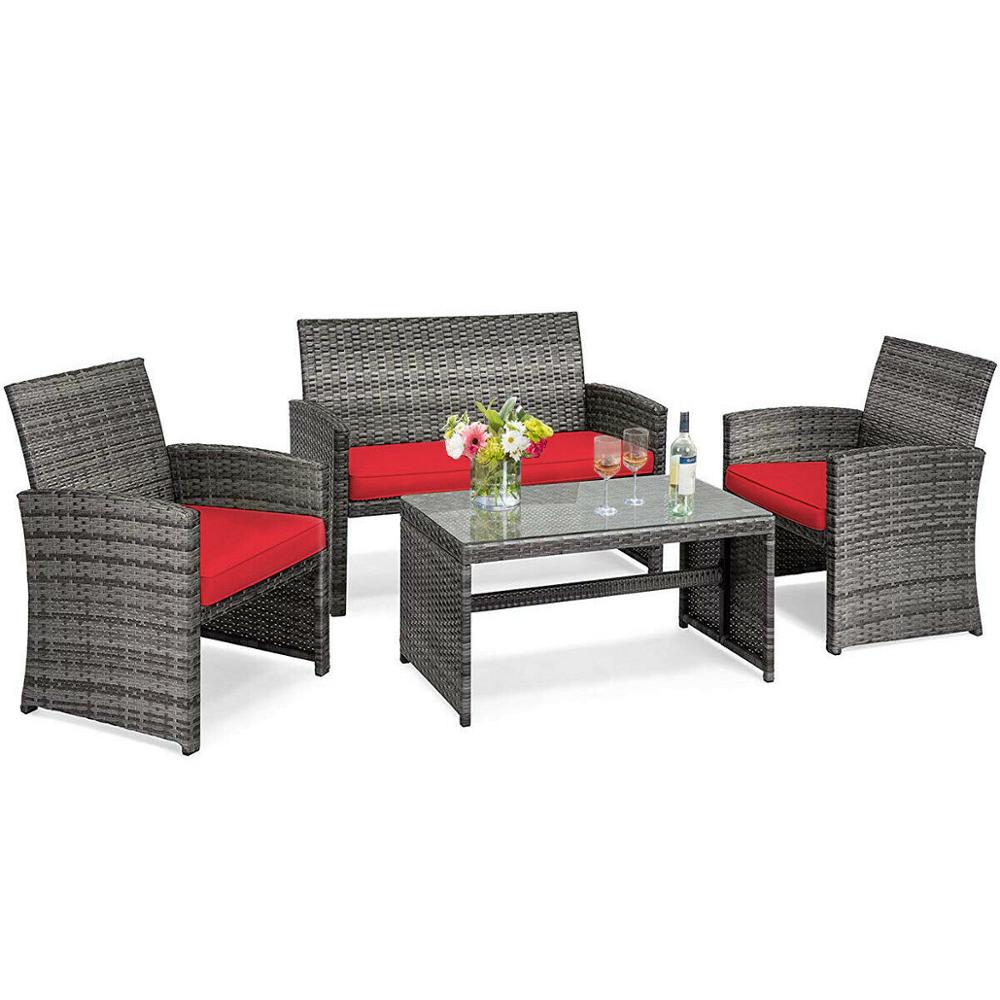 4PCS Patio Rattan Furniture Set Conversation Glass Table Top Cushioned Sofa HW63238