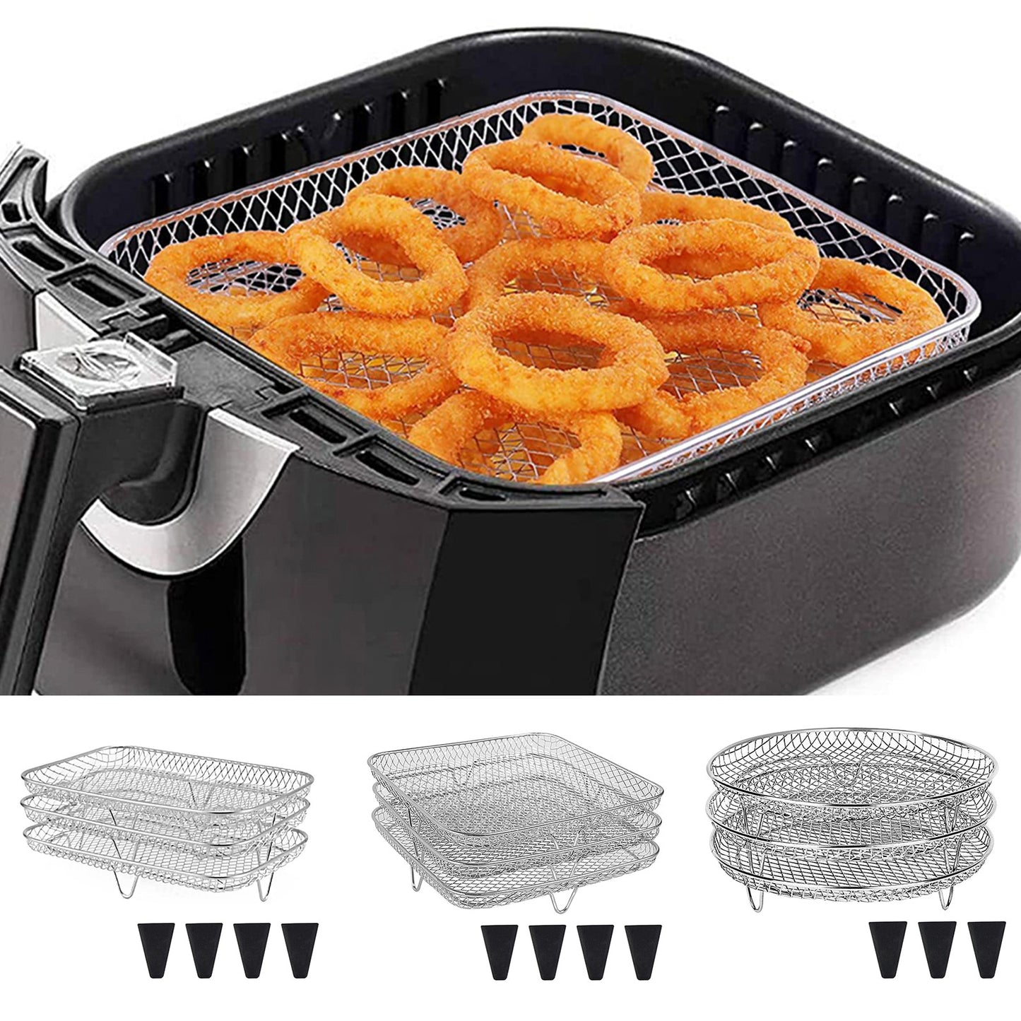 3-Layer Air Fryer Racks Stainless Steel Stackable Steak Grills Holders Easy To Clean with Silicone Foot Pad Kitchen Accessories