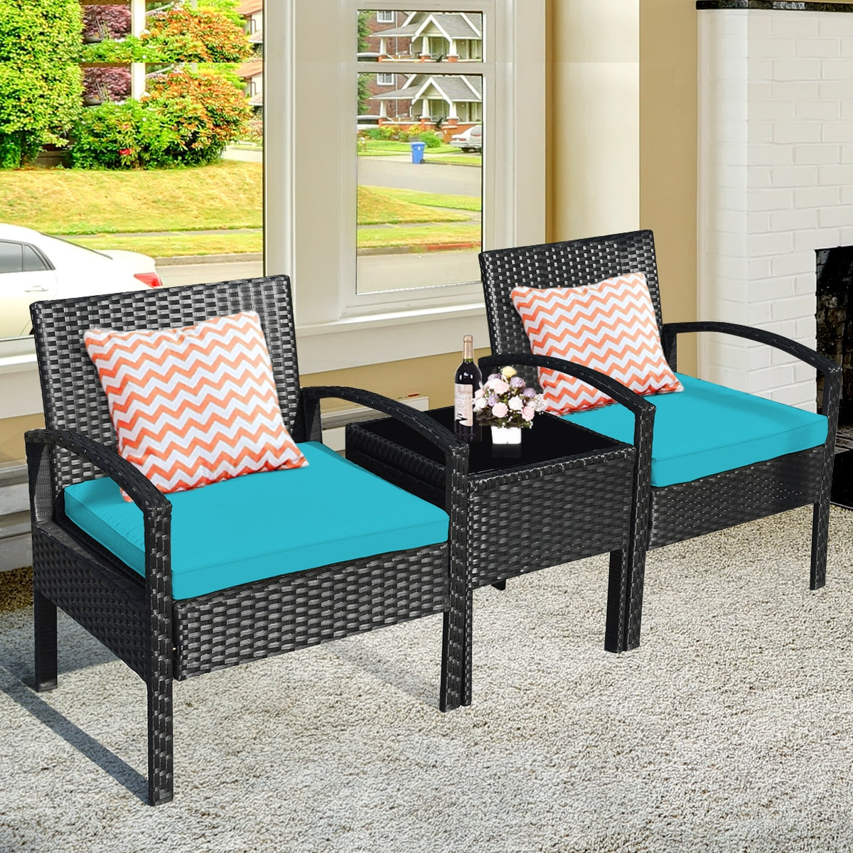 Patiojoy 3 PCS Outdoor Patio Rattan Furniture Set Conversation Sofa w/Cushion