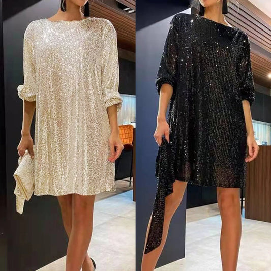 Women Sexy Glitter Dress Lace-up Sequins Ladies Short Dress Long Sleeve with Belt Sparkly Elegant Fashion Female Vestidos 2023