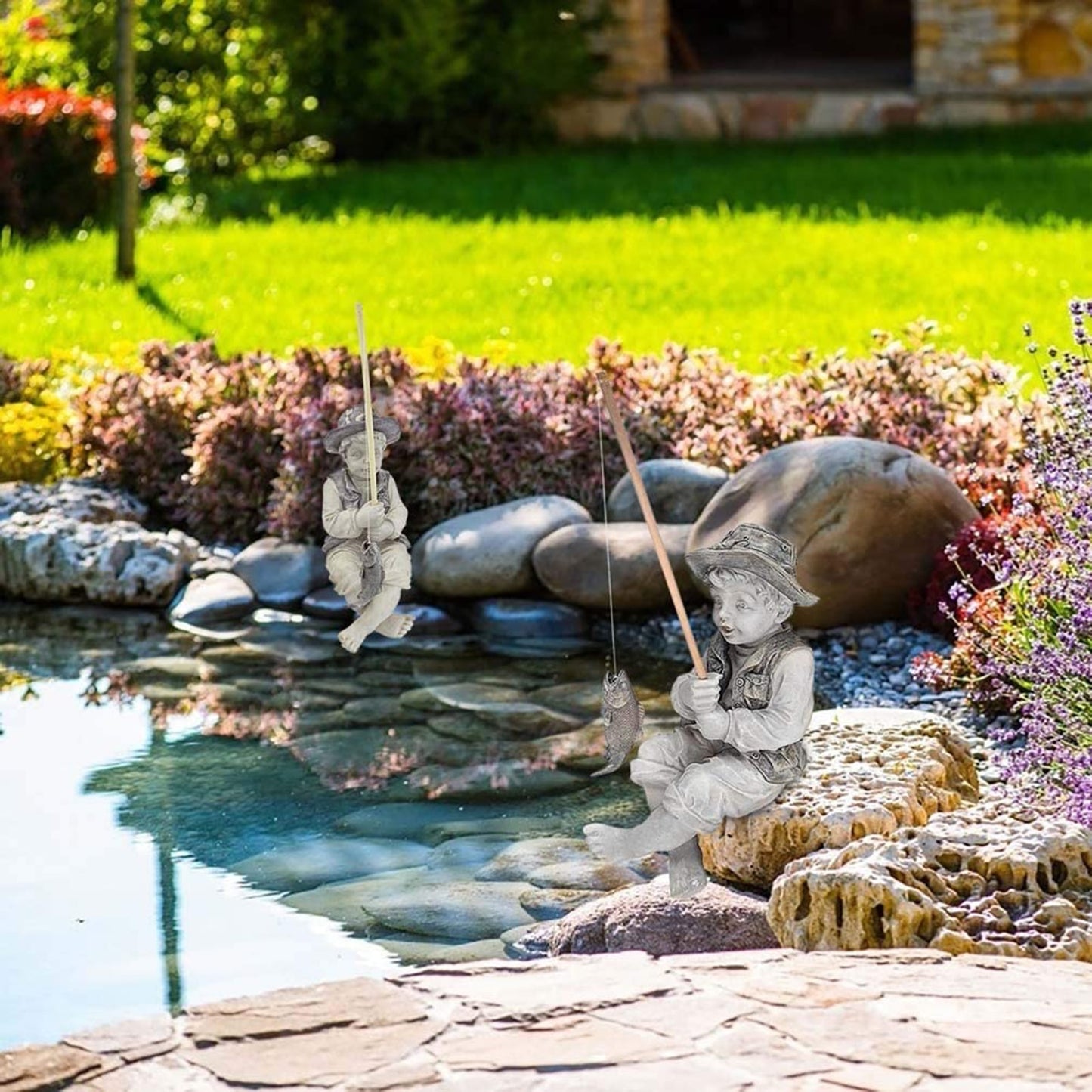 Garden Statue Gone Fishing Boy Yard Ornaments