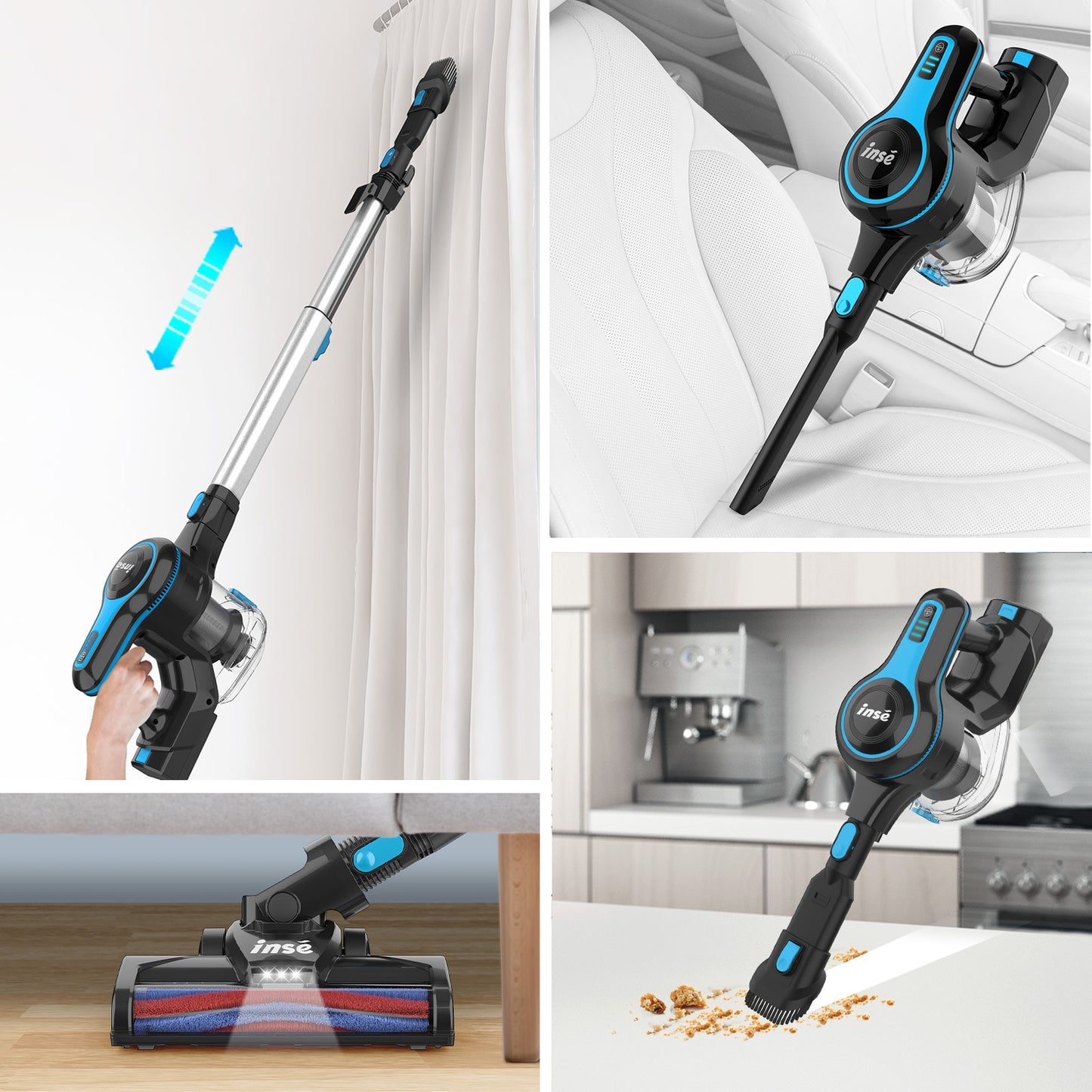 INSE Cordless Vacuum Cleaner, 6-in-1 Rechargeable Stick Vacuum with 2200mAh Battery, 15Kpa Lightweight,Up to 45 Mins Runtime