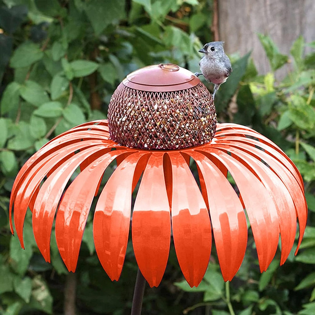 Bird Feeder Bottle with Stand Metal Flower Shaped Outdoor Garden Decoration