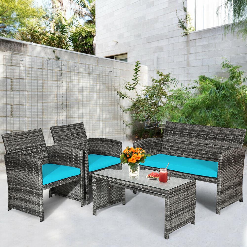 4PCS Patio Rattan Furniture Set Conversation Glass Table Top Cushioned Sofa HW63238