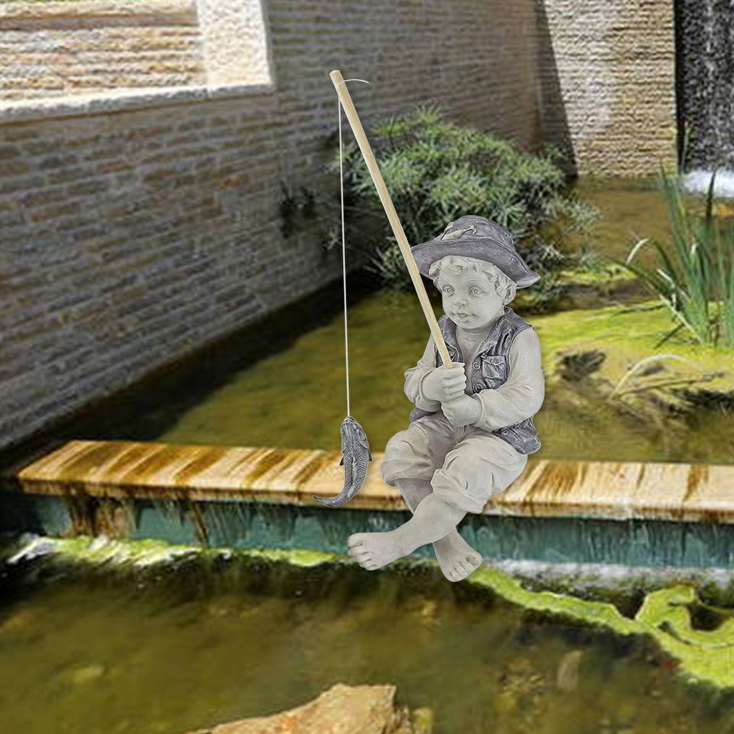 Garden Statue Gone Fishing Boy Yard Ornaments