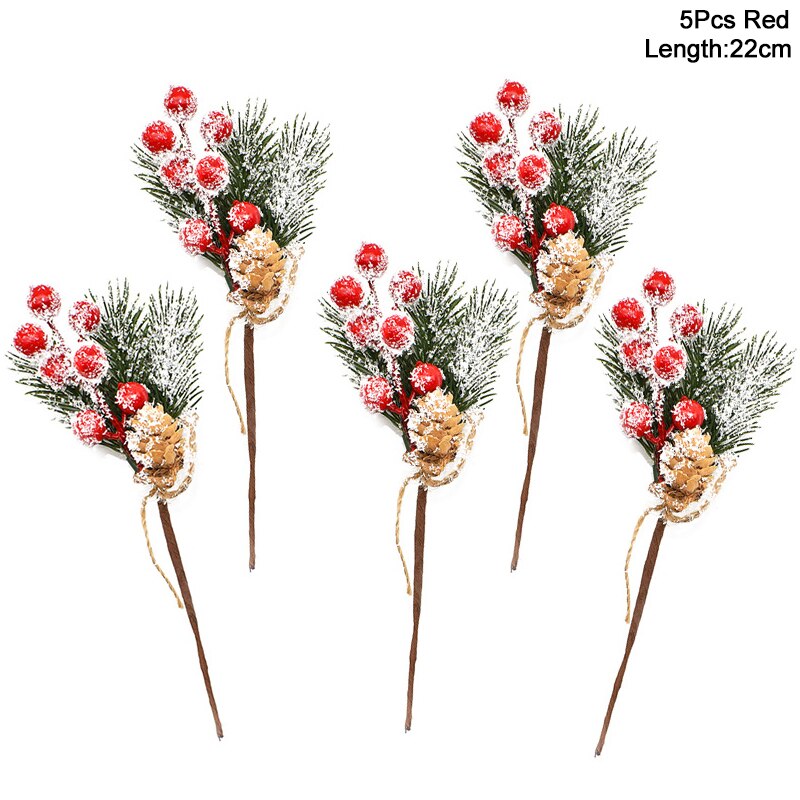 5Pcs Christmas Red Berry Articifial Flower Pine Cone Branch