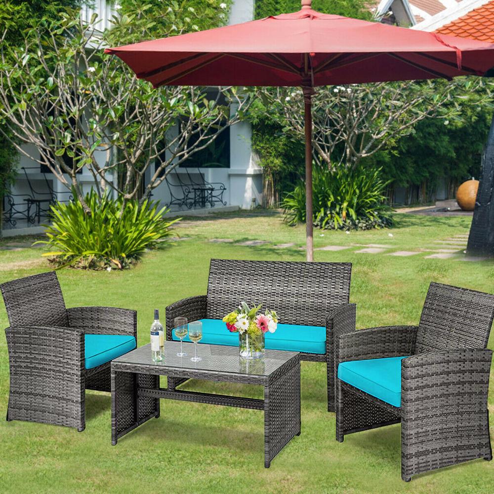 4PCS Patio Rattan Furniture Set Conversation Glass Table Top Cushioned Sofa HW63238