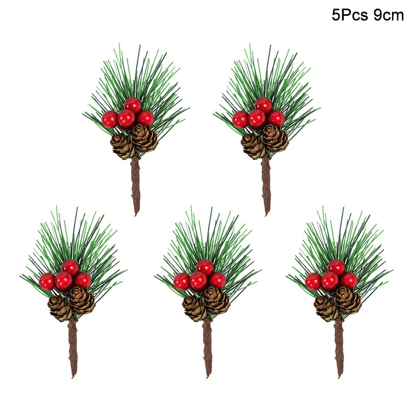 5Pcs Christmas Red Berry Articifial Flower Pine Cone Branch