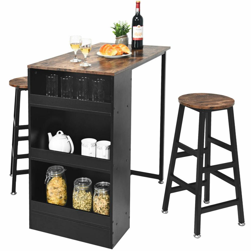 3 Pieces Bar Table Set Industrial Counter Height Dining Table Set with Storage HW64298BN