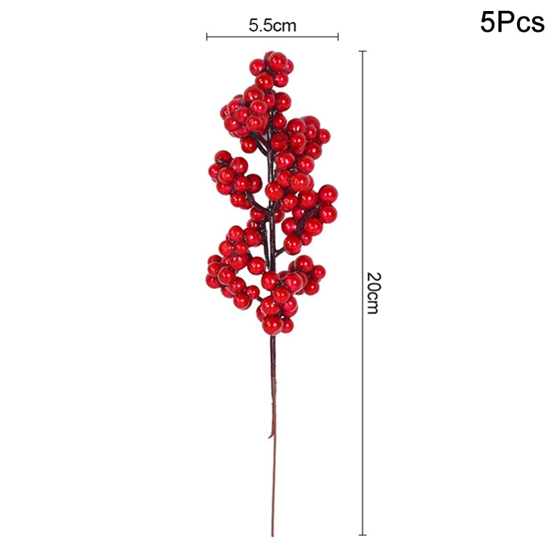 5Pcs Christmas Red Berry Articifial Flower Pine Cone Branch