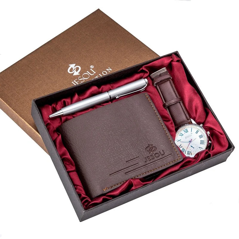 New 3Pcs/Set Luxury Mens Watches Set Gift Box Quartz Watch for Men Fashion Wristwatch Pen Wallet Set  Best Gifts Male