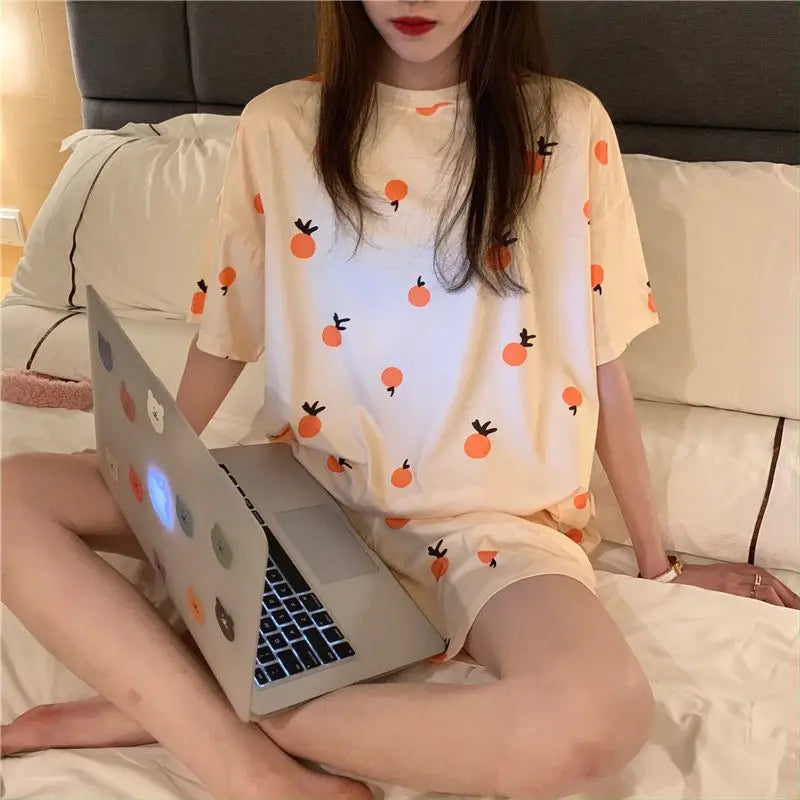 Orange Print Sleepwear Women Pajamas Shorts