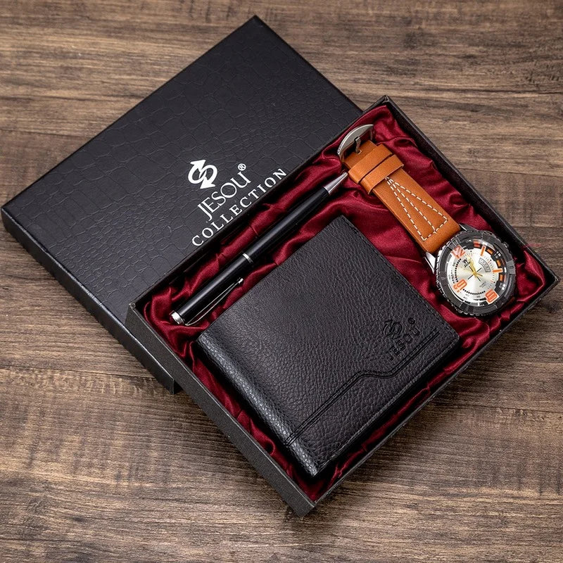 New 3Pcs/Set Luxury Mens Watches Set Gift Box Quartz Watch for Men Fashion Wristwatch Pen Wallet Set  Best Gifts Male