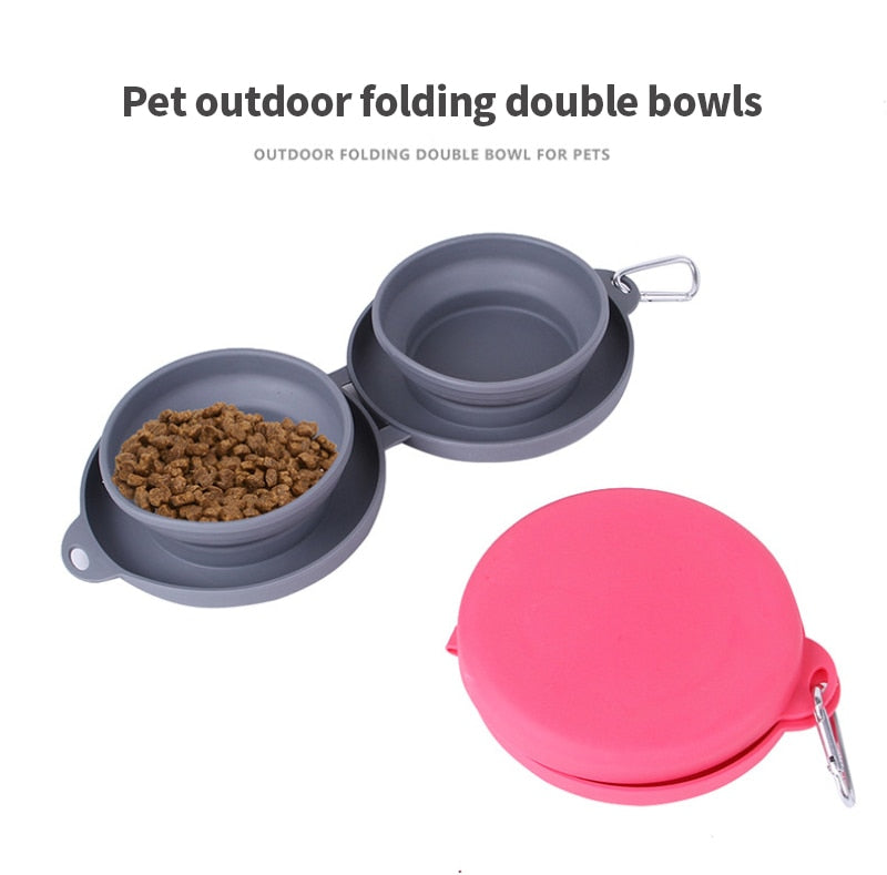 Rubber Foldable Double Bowl Pet Feeding Outdoor Travel Dog