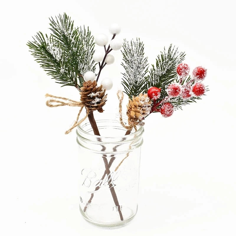 5Pcs Christmas Red Berry Articifial Flower Pine Cone Branch