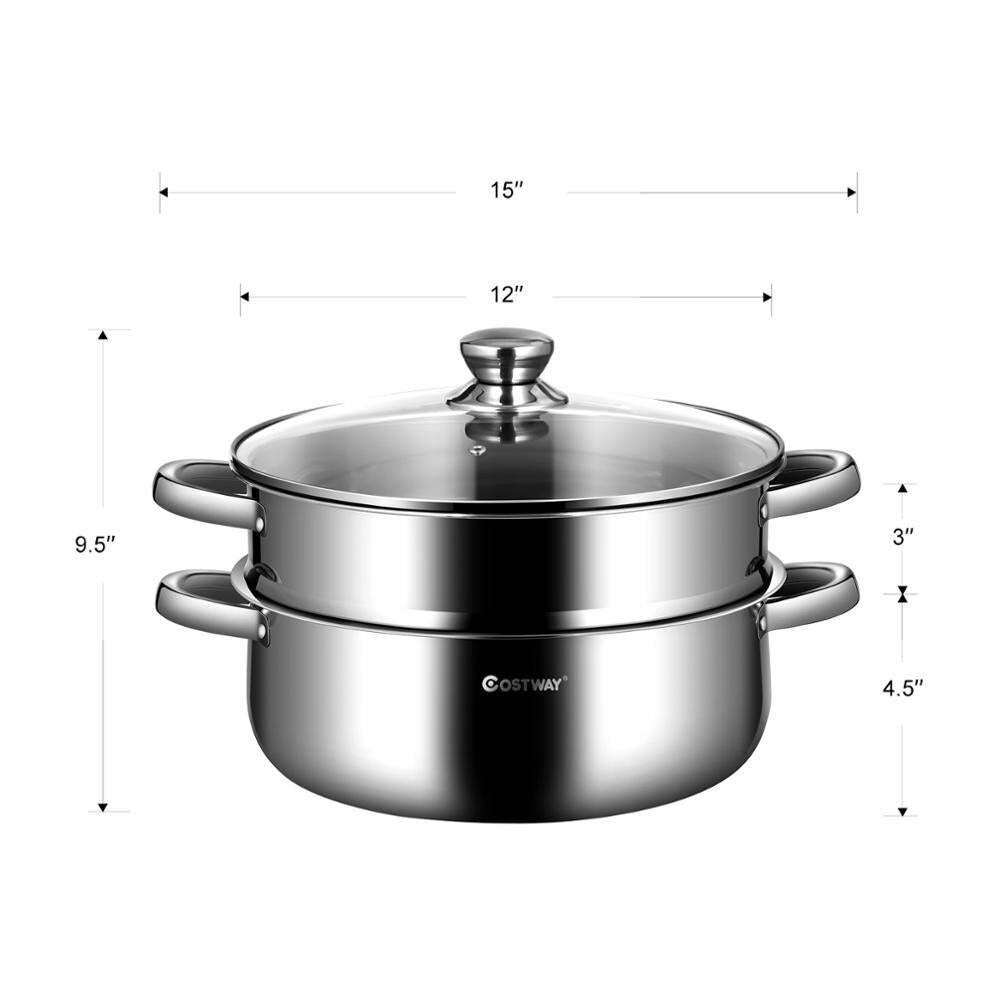 9.5 QT 2 Tier Stainless Steel Steamer Pot Cookware Boiler w/ Tempered Glass Lid KC52002 - northstarhomeandgarden