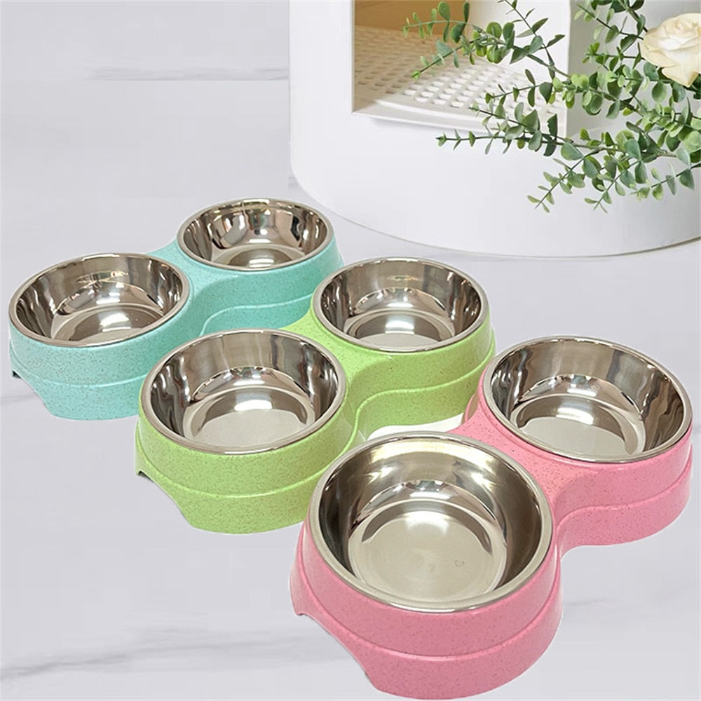 Double Pet Bowls Food Water Feeder With Stainless Steel Healthy Sanitary Small Size For Puppy Cat