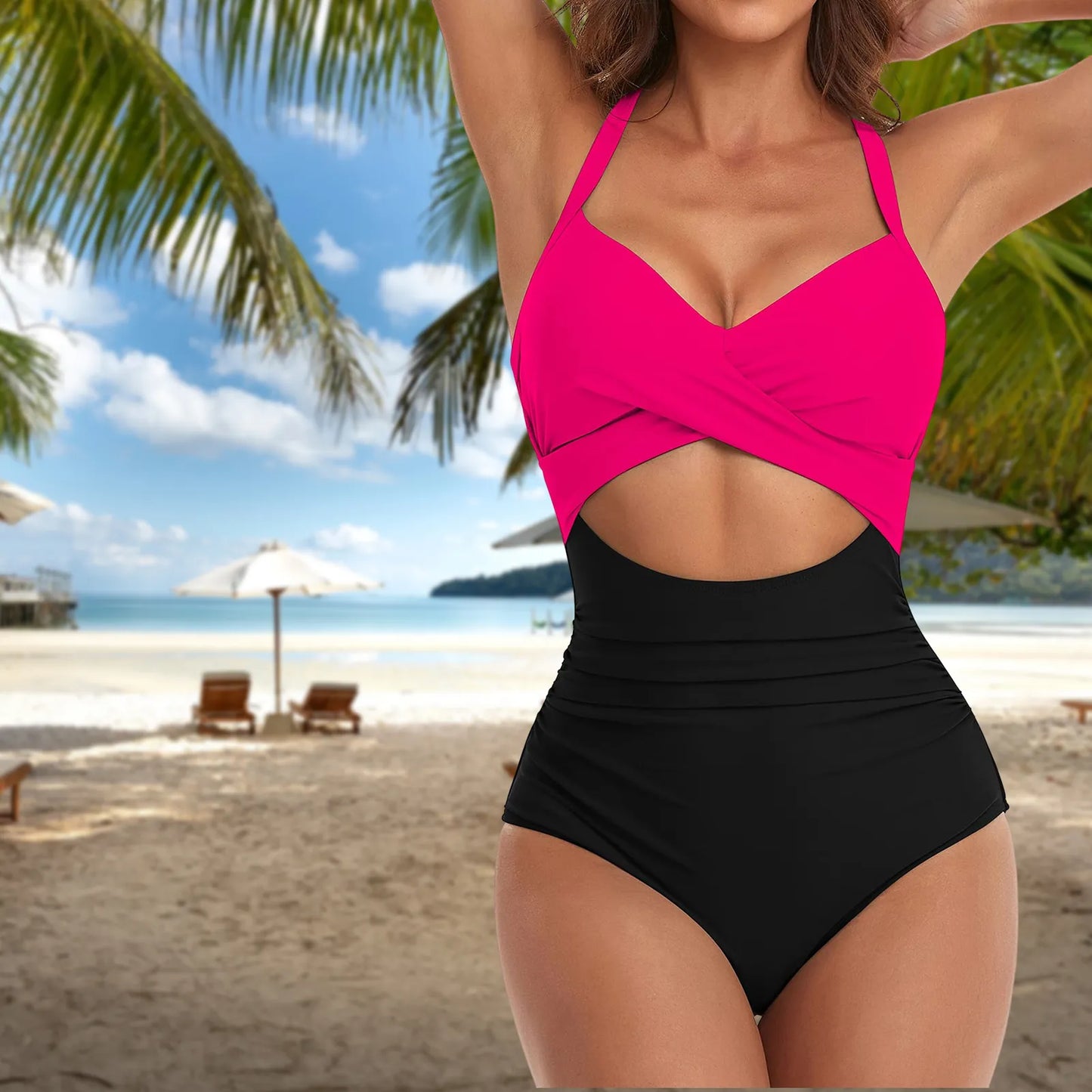 V Neck Bikini Sets Spaghetti Straps High Waisted Bathing Suit Tummy Control One Piece Swimsuit for Women Water Sport