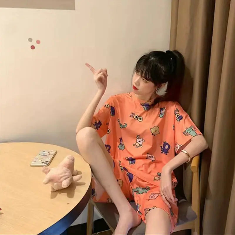 Orange Print Sleepwear Women Pajamas Shorts