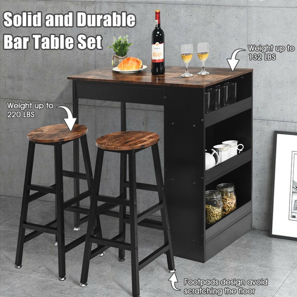 3 Pieces Bar Table Set Industrial Counter Height Dining Table Set with Storage HW64298BN