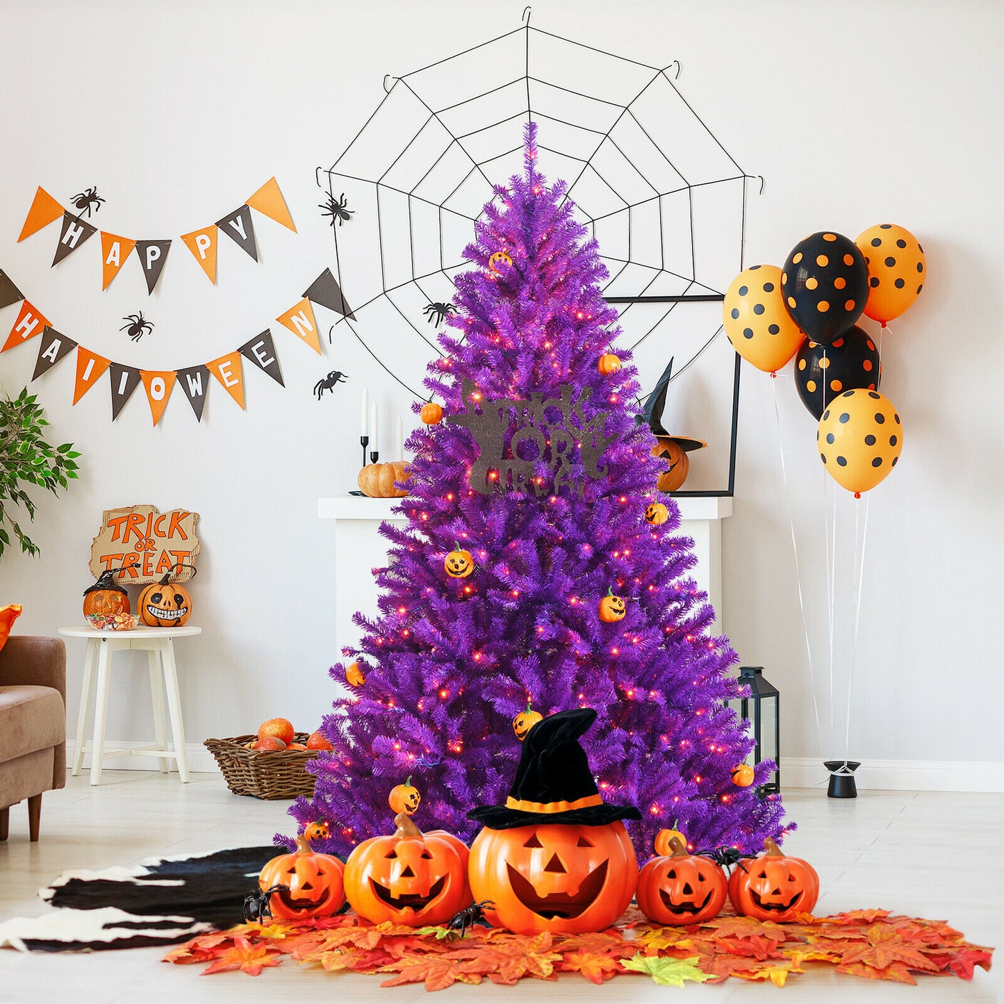 6ft Pre-lit Purple Halloween Christmas Tree w/ Orange Lights Pumpkin Decorations  CM23472US