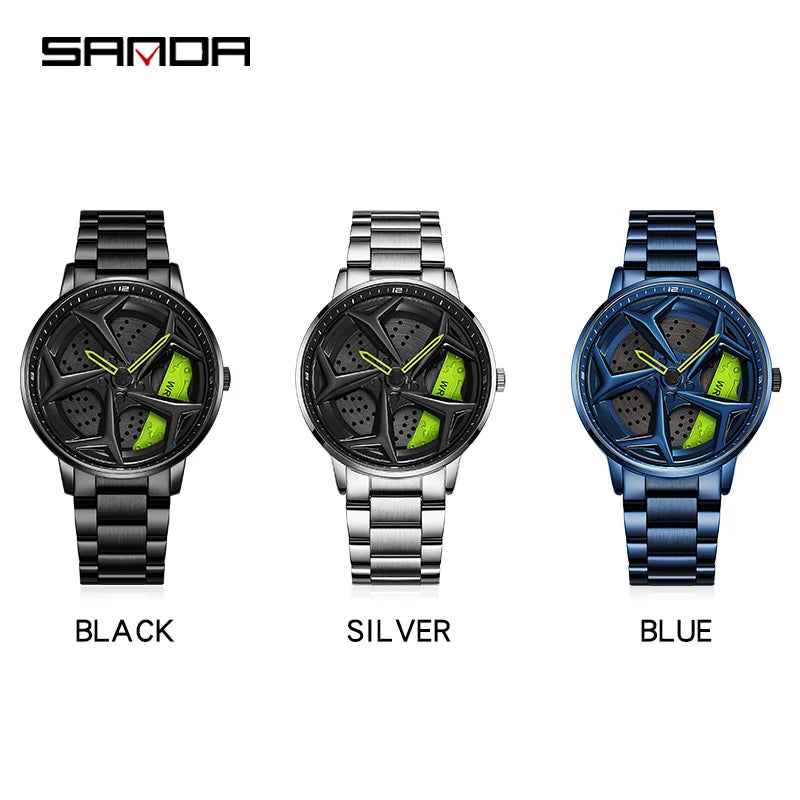 SANDA P1087 Top Brand Sport Car Wheel Rim Hub Watches For GTR Men Super Watch Stainless Steel Waterproof WristWatch Male Reloj