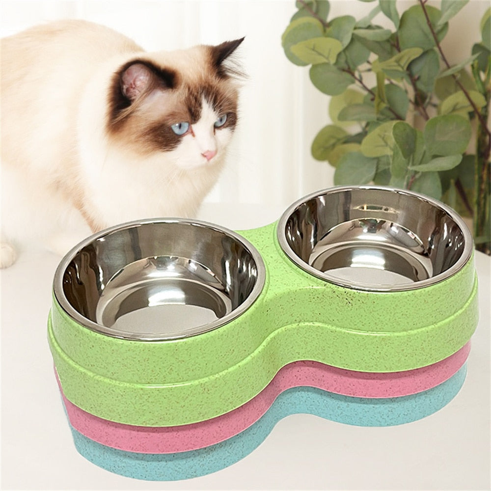 Double Pet Bowls Food Water Feeder With Stainless Steel Healthy Sanitary Small Size For Puppy Cat