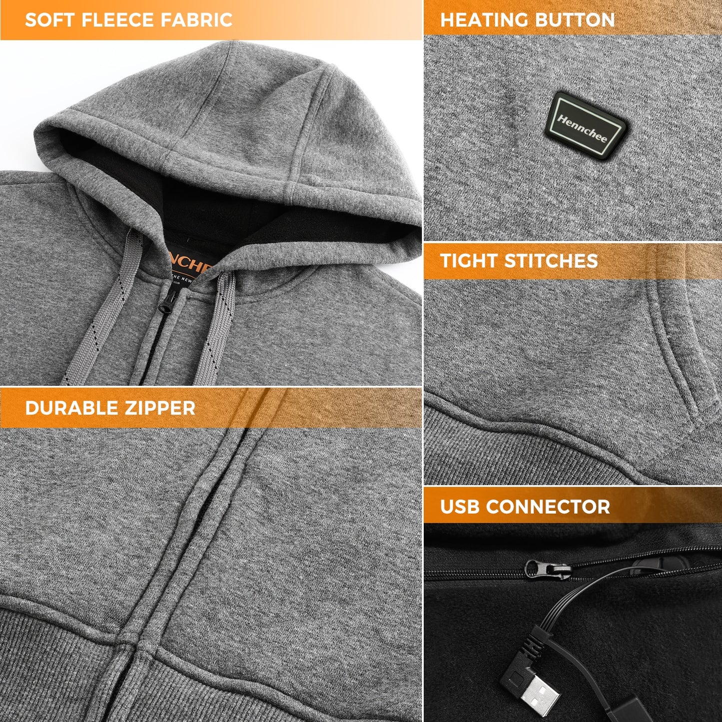 Men's clothing Heated Hoodies with Battery Hooded  Full Zip Up Fleece Sweatshirts Zip Hoodie Gray