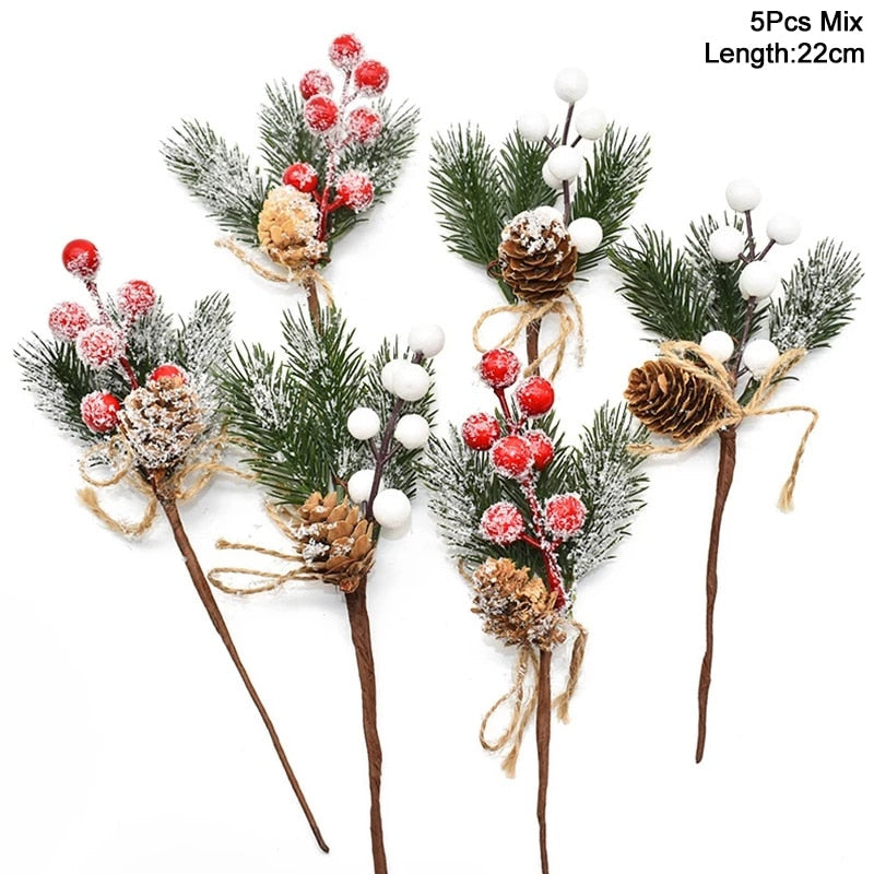 5Pcs Christmas Red Berry Articifial Flower Pine Cone Branch