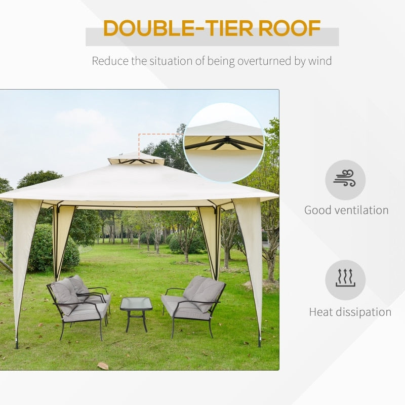 Gazebo 12' x 12' Outdoor Canopy Tent  with Double-Tier Roof, Steel Frame, Included Ground Stakes, Beige