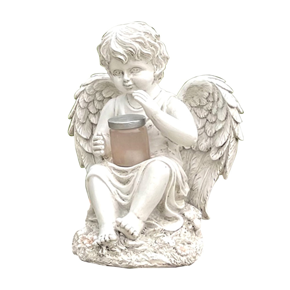 Resin Angel Wings Figurines Garden Ornament Solar Lamp 3D Angel Statue