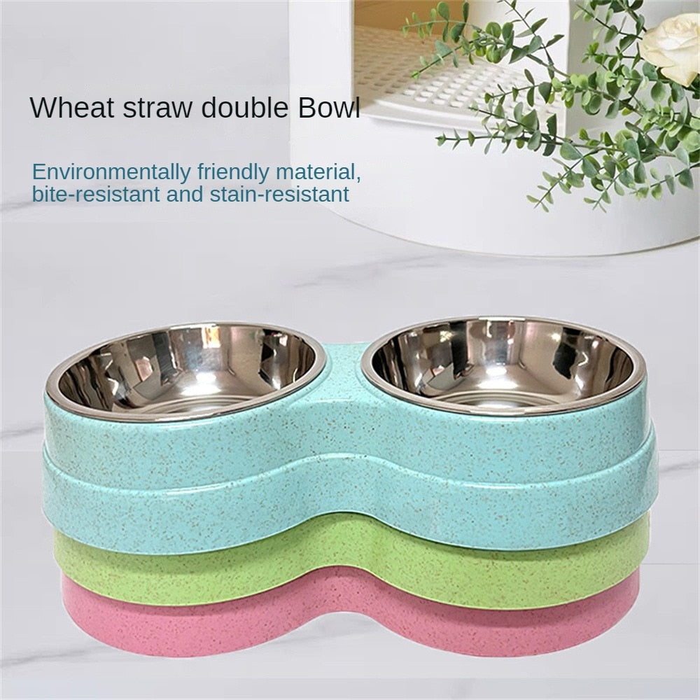 Double Pet Bowls Food Water Feeder With Stainless Steel Healthy Sanitary Small Size For Puppy Cat