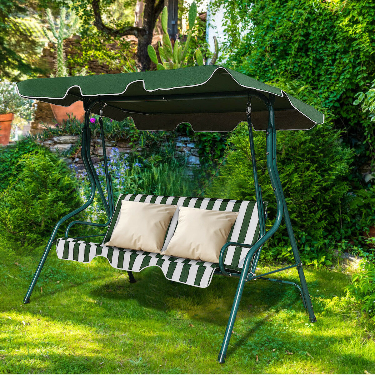 3 Seats Patio Canopy Steel Frame Swing Glider Hammock Cushioned Backyard