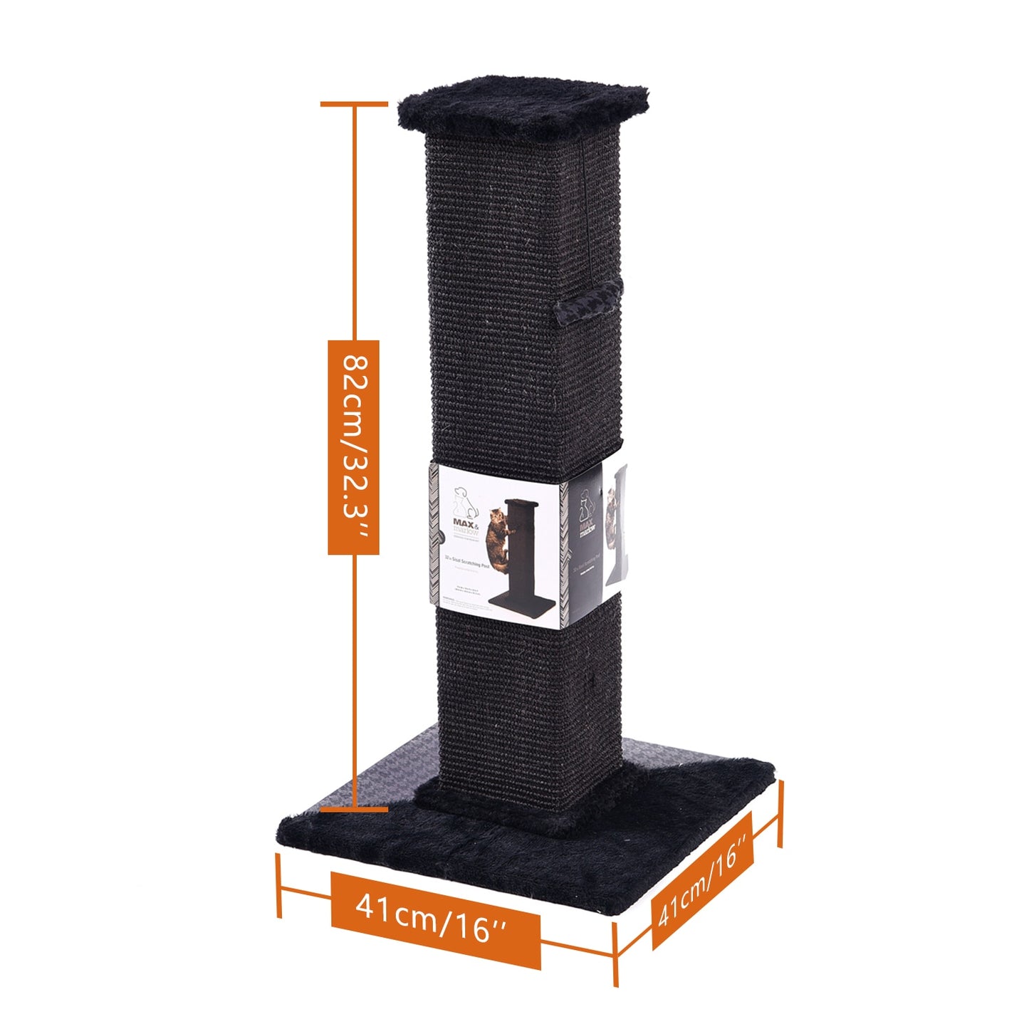 H82cm Pet Cat Tree Scratching Post for Indoor Plush Top Perch Stable Durable with Ball Black Natural Sisal Protecting Furniture