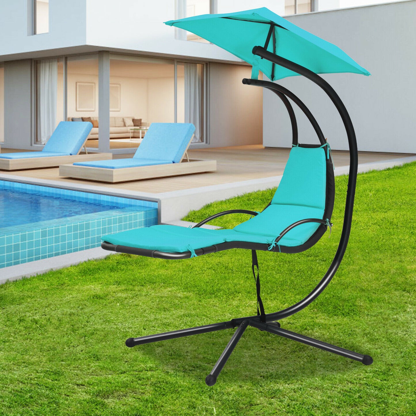 Patiojoy Patio Hanging Hammock Chaise Lounge Chair with Canopy Cushion Turquoise NP10114TU