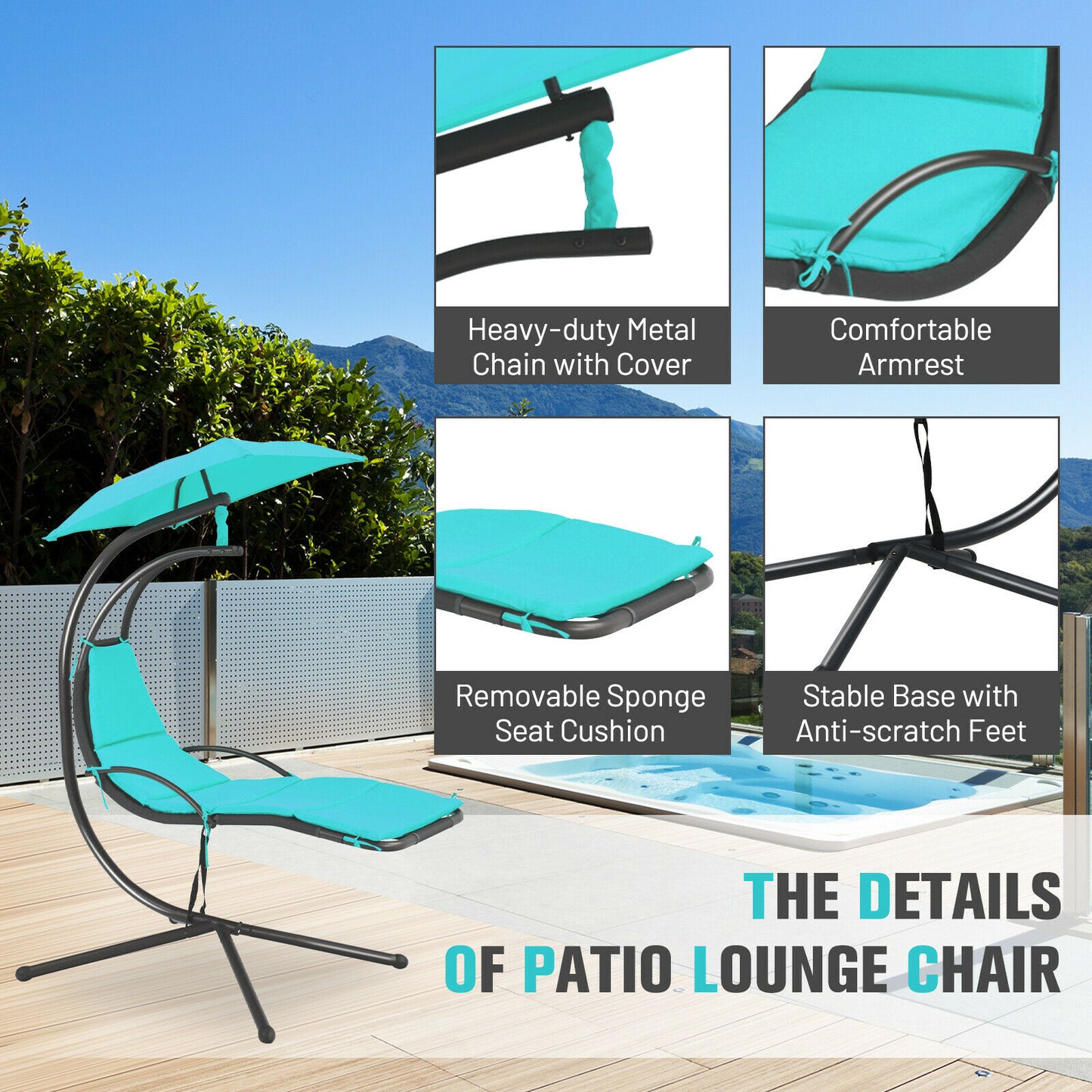 Patiojoy Patio Hanging Hammock Chaise Lounge Chair with Canopy Cushion Turquoise NP10114TU