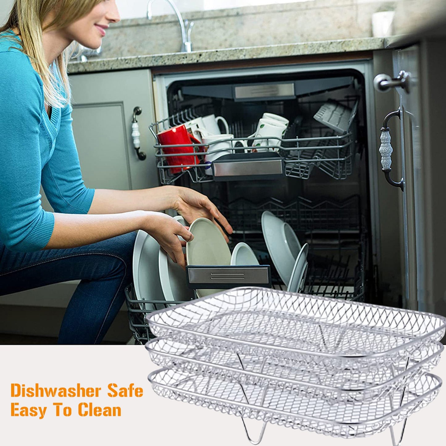 3-Layer Air Fryer Racks Stainless Steel Stackable Steak Grills Holders Easy To Clean with Silicone Foot Pad Kitchen Accessories