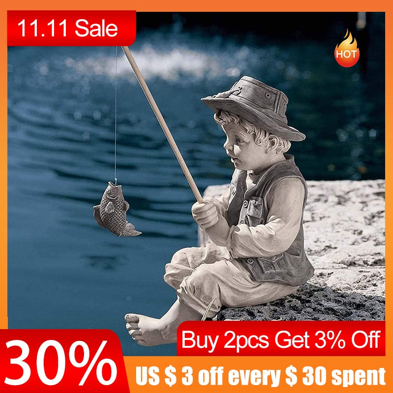 Garden Statue Gone Fishing Boy Yard Ornaments