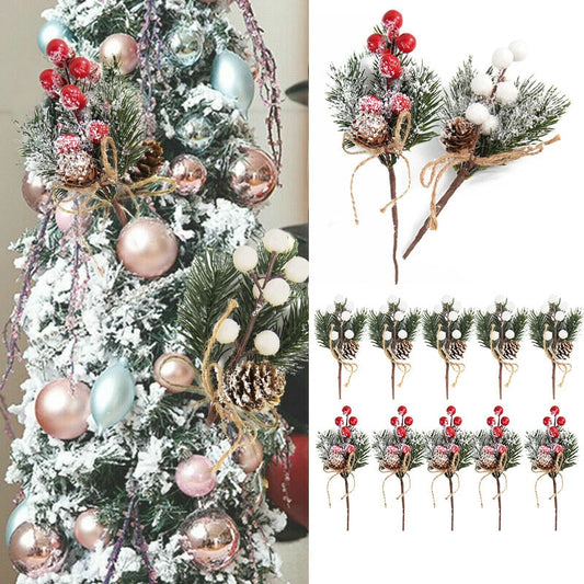 5Pcs Christmas Red Berry Articifial Flower Pine Cone Branch