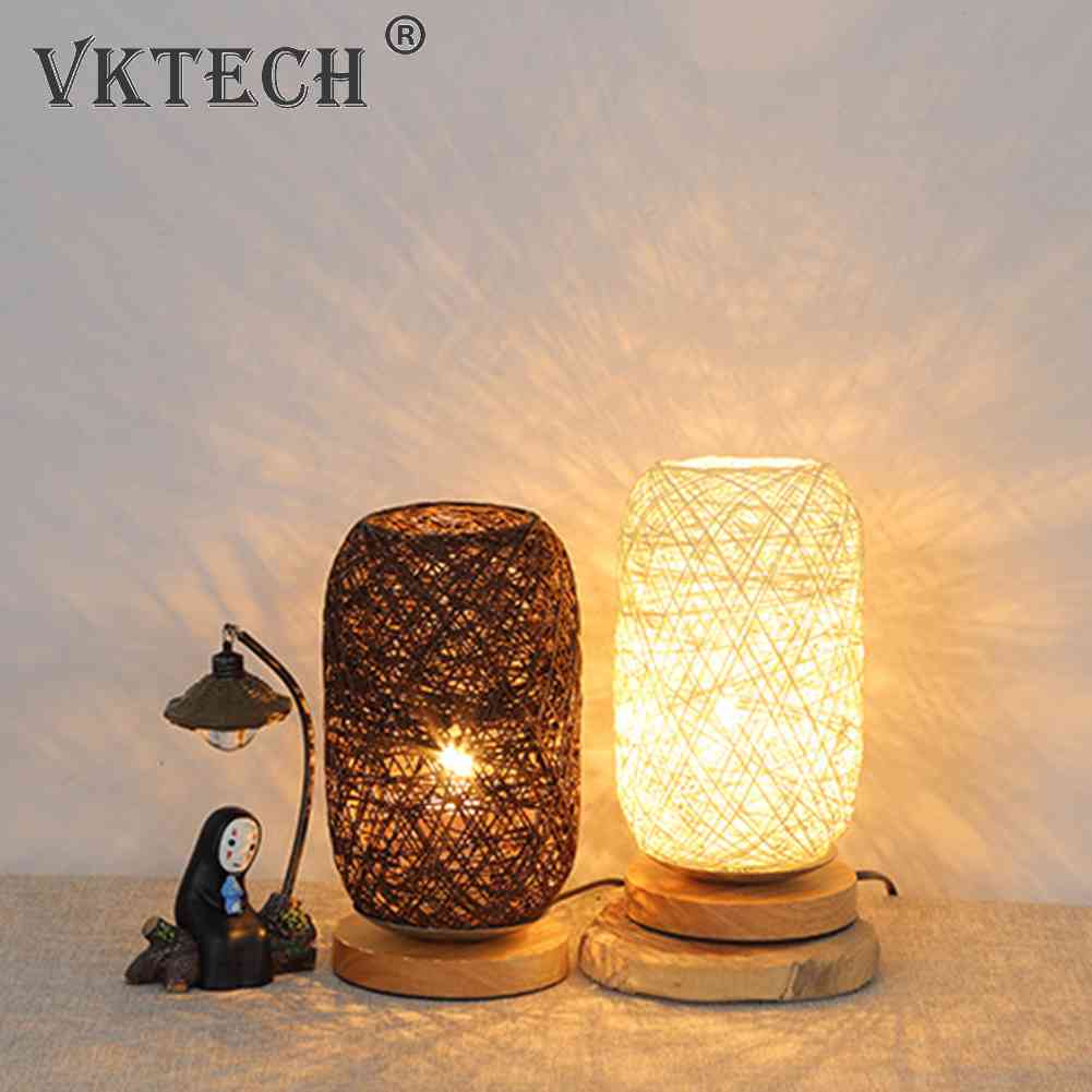 Nordic Wood Rattan Night Light Table Lamp Bedroom