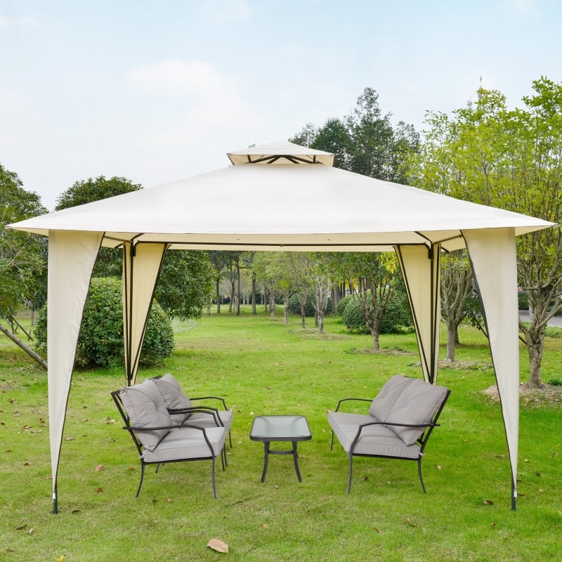 Gazebo 12' x 12' Outdoor Canopy Tent  with Double-Tier Roof, Steel Frame, Included Ground Stakes, Beige