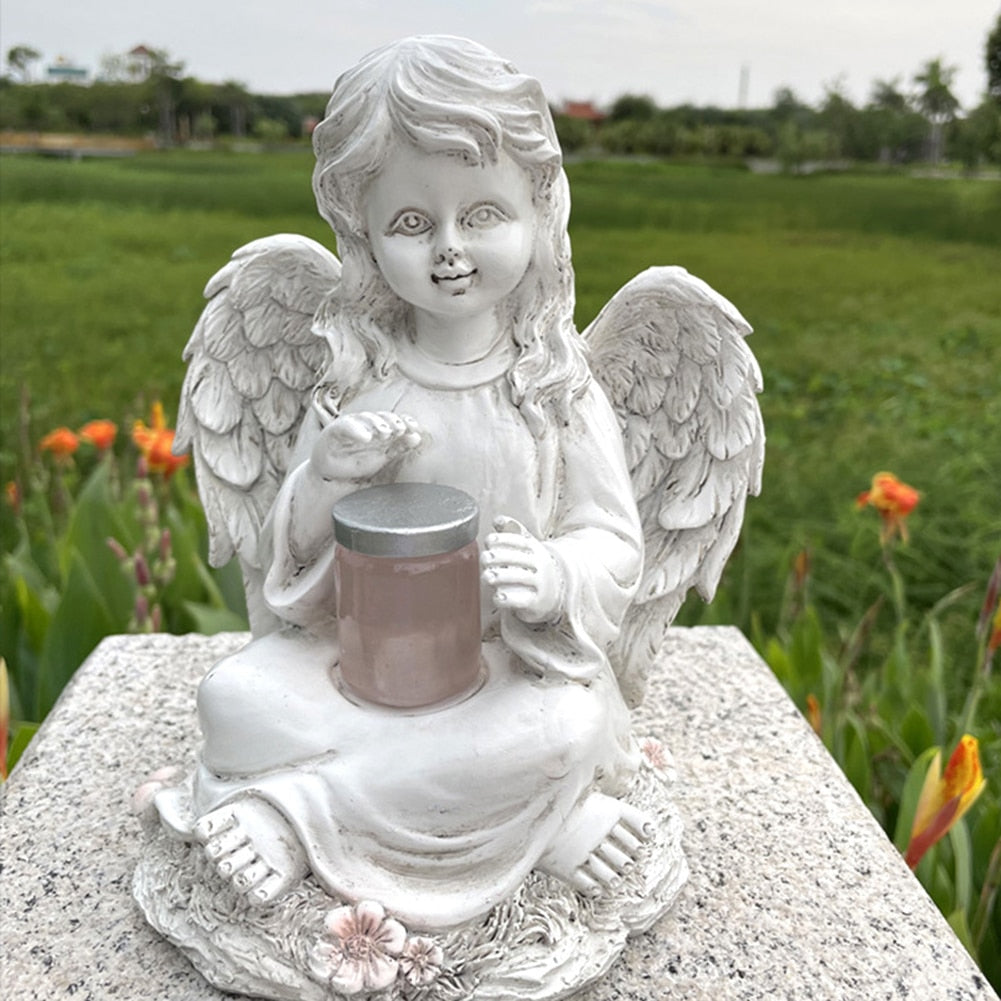 Resin Angel Wings Figurines Garden Ornament Solar Lamp 3D Angel Statue