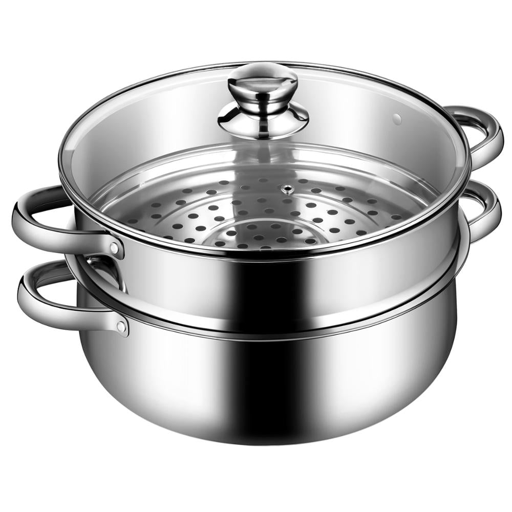 9.5 QT 2 Tier Stainless Steel Steamer Pot Cookware Boiler w/ Tempered Glass Lid KC52002 - northstarhomeandgarden